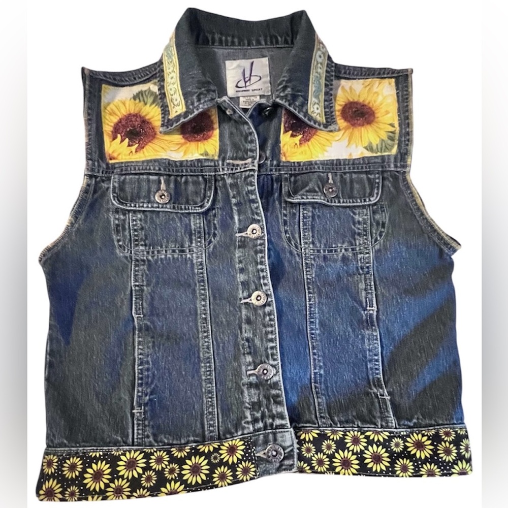 Refashioned Sunflower Denim Vest – Handmade Boho Festival  – Size M